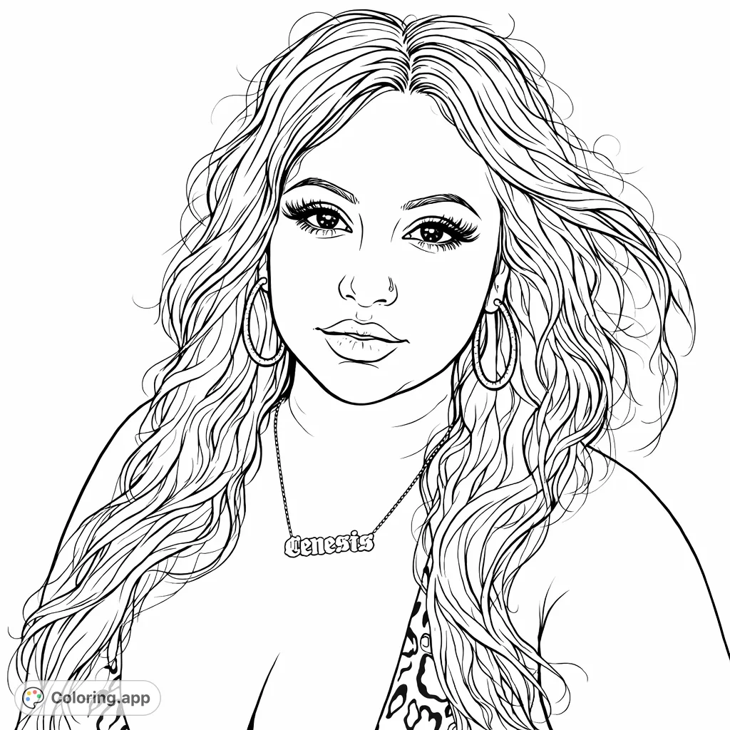 A striking portrait of a woman with long, flowing hair and detailed facial features. Includes a necklace and patterned attire, offering a fashionable coloring experience.