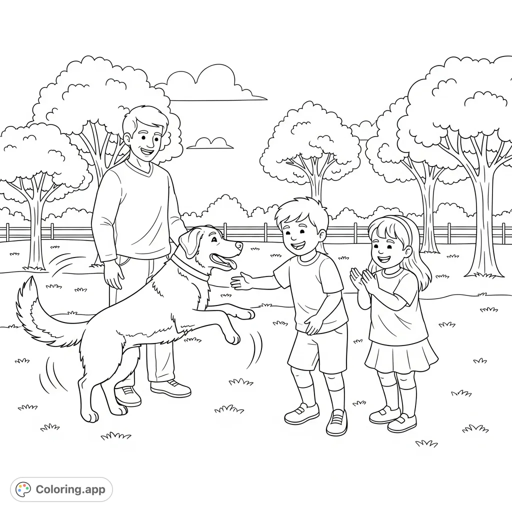 A delightful dog playing with kids coloring page, featuring a cheerful dog, two children, and an adult in a sunny park setting.
