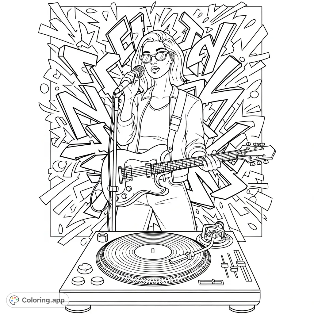 Immerse yourself in this dynamic graffiti-style music coloring page featuring a confident singer, turntable, and guitar, ready for your artistic touch.