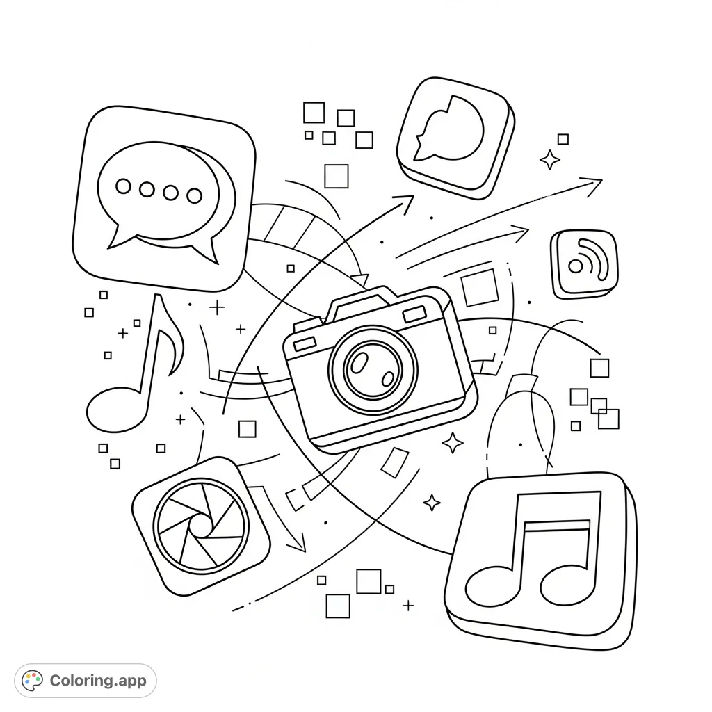 An abstract app icons coloring page with stylized chat bubbles, camera lenses, and musical notes, connected by interactive lines, floating over a pixel grid background.