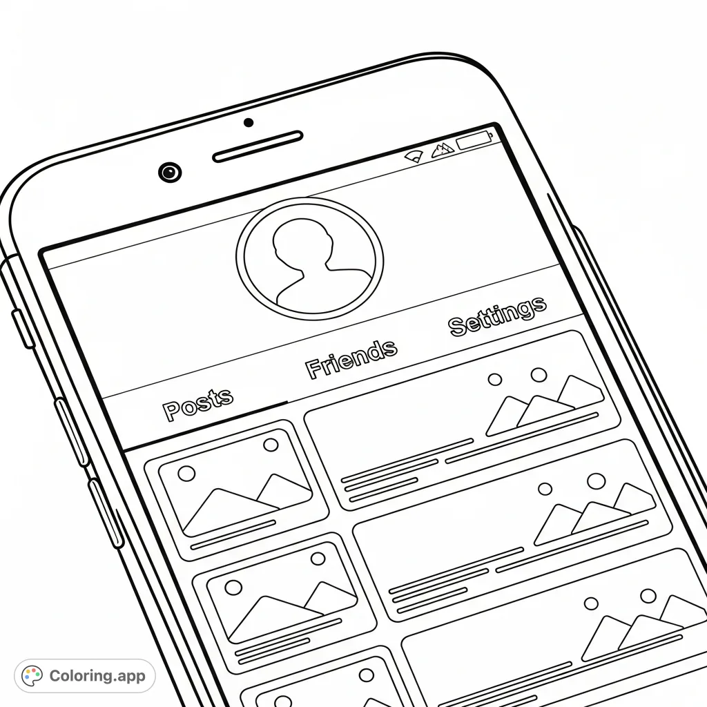 Color a detailed smartphone screen with a social media app interface, featuring an avatar, 'Posts', 'Friends', 'Settings' tabs, and generic feed items.