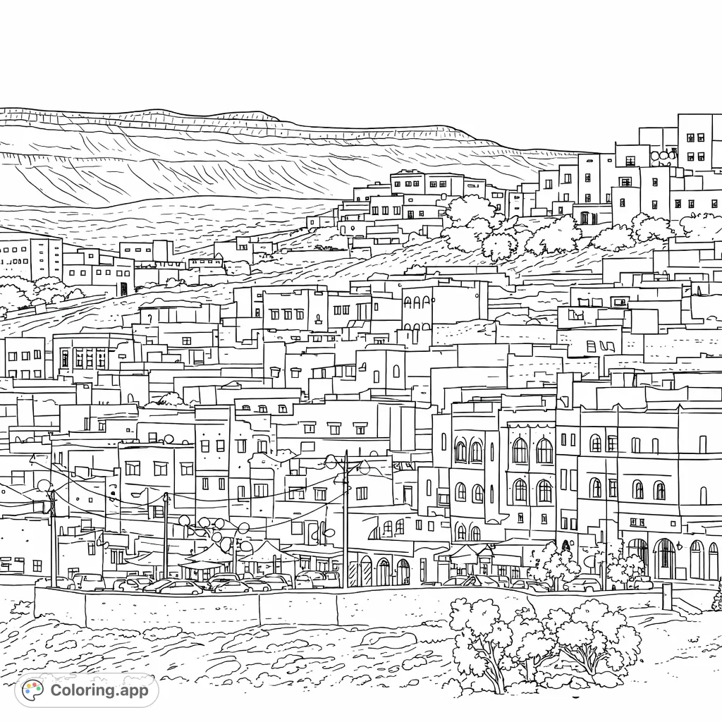 Explore a detailed hillside town with varied architecture against a majestic mountain backdrop, perfect for urban landscape enthusiasts.