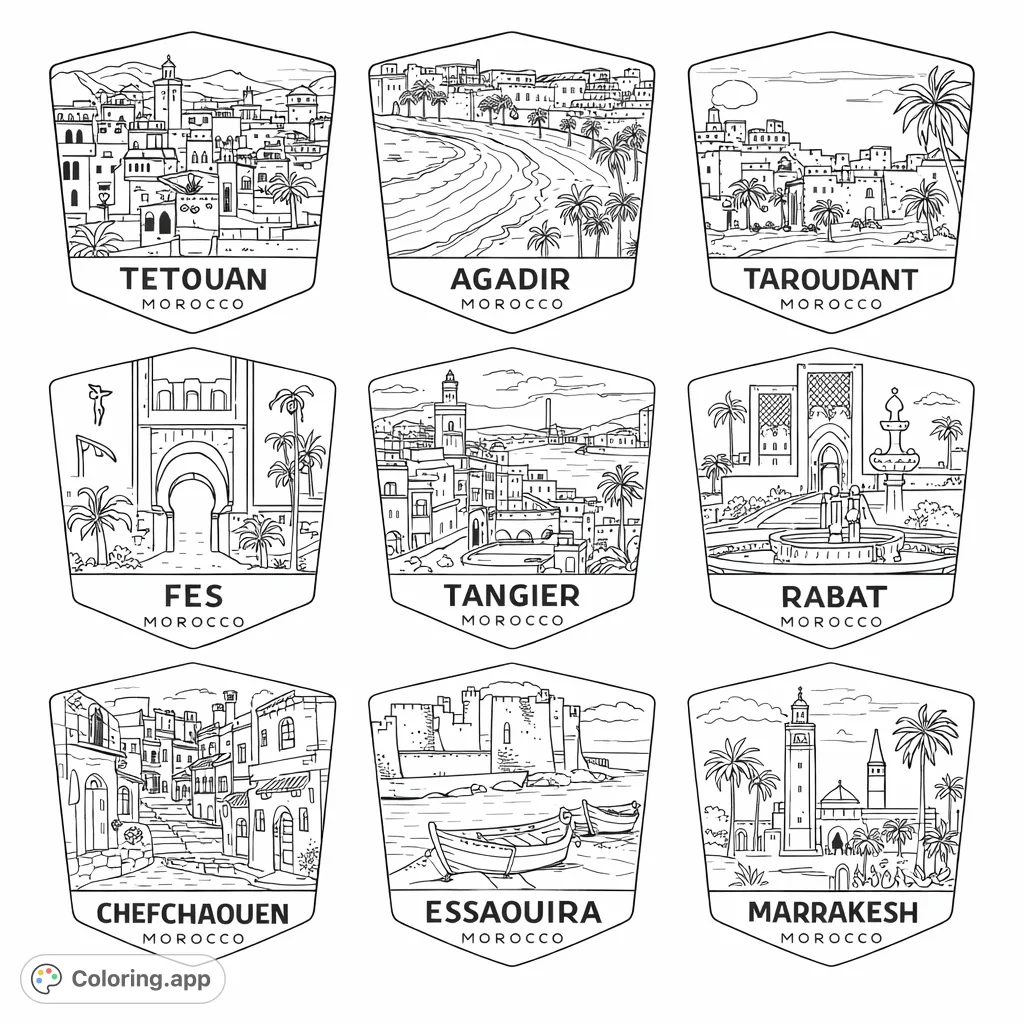 Explore nine iconic Moroccan cities with this intricate coloring page collection. Discover unique architecture, stunning landscapes, and cultural landmarks.