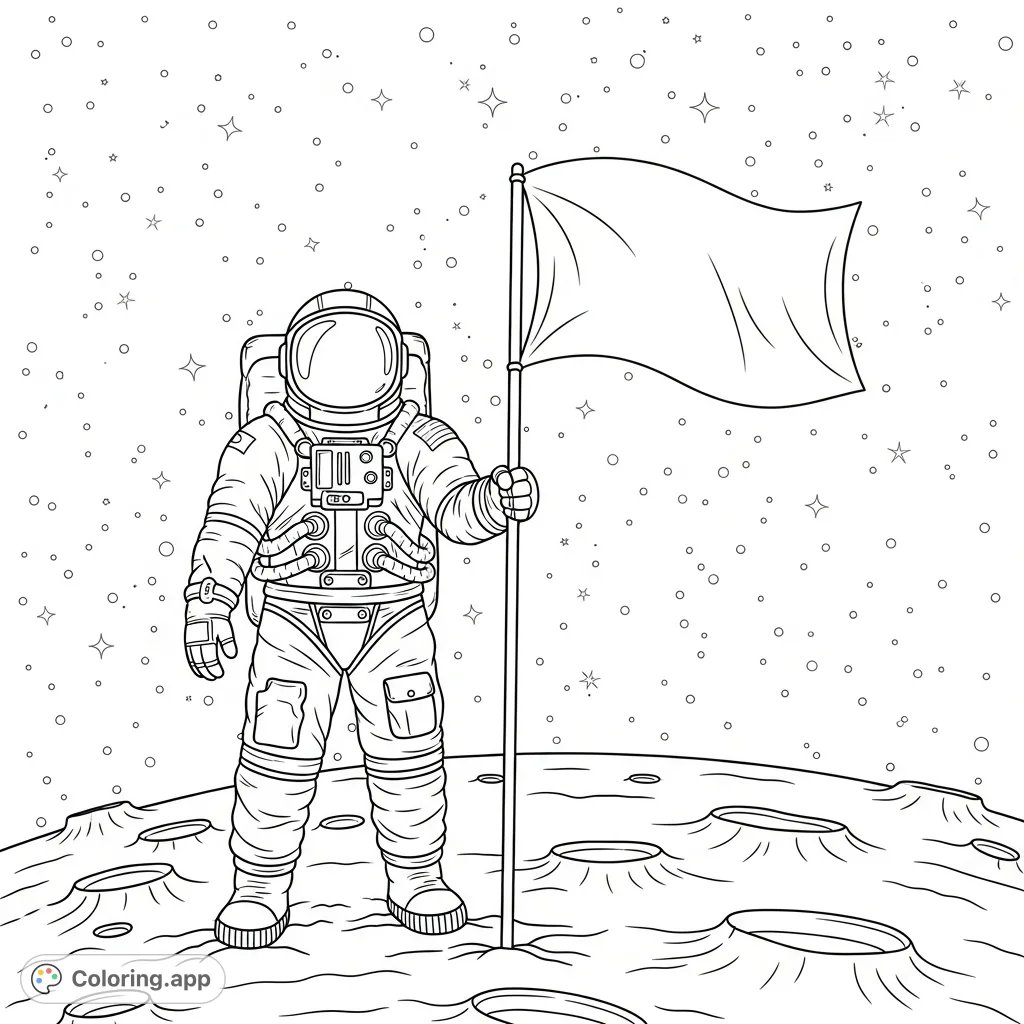 An astronaut stands on the moon's surface, proudly planting a flag against a twinkling starry sky. A captivating space coloring page.
