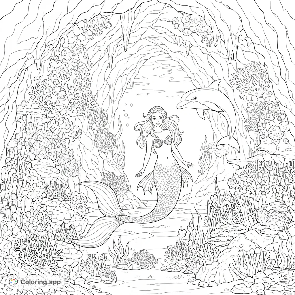 Explore an enchanting fantasy mermaid coloring page in a vibrant coral reef cave, accompanied by a friendly dolphin. A free printable coloring page perfect for kids and adults.