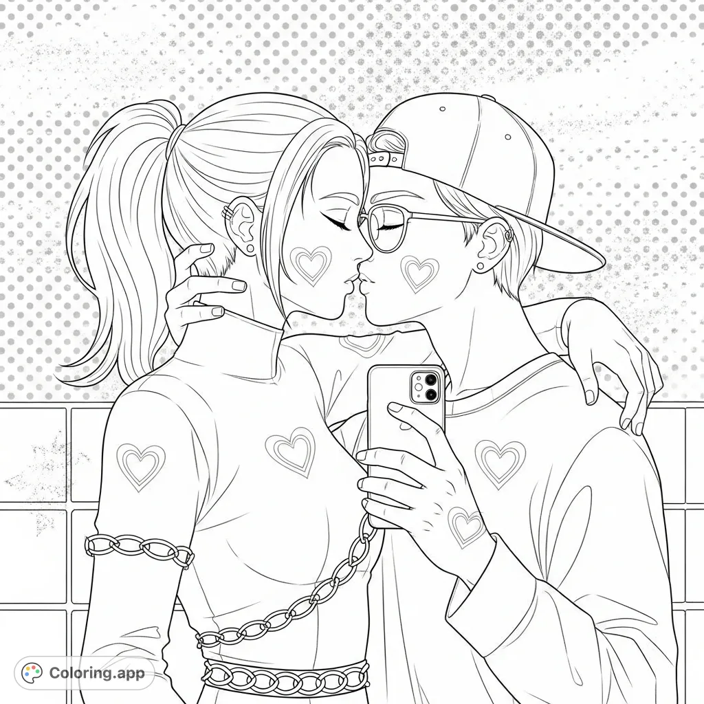 A tender embrace featuring two individuals, subtle heart patterns, and a playful polka dot background. A charming scene for creative expression.