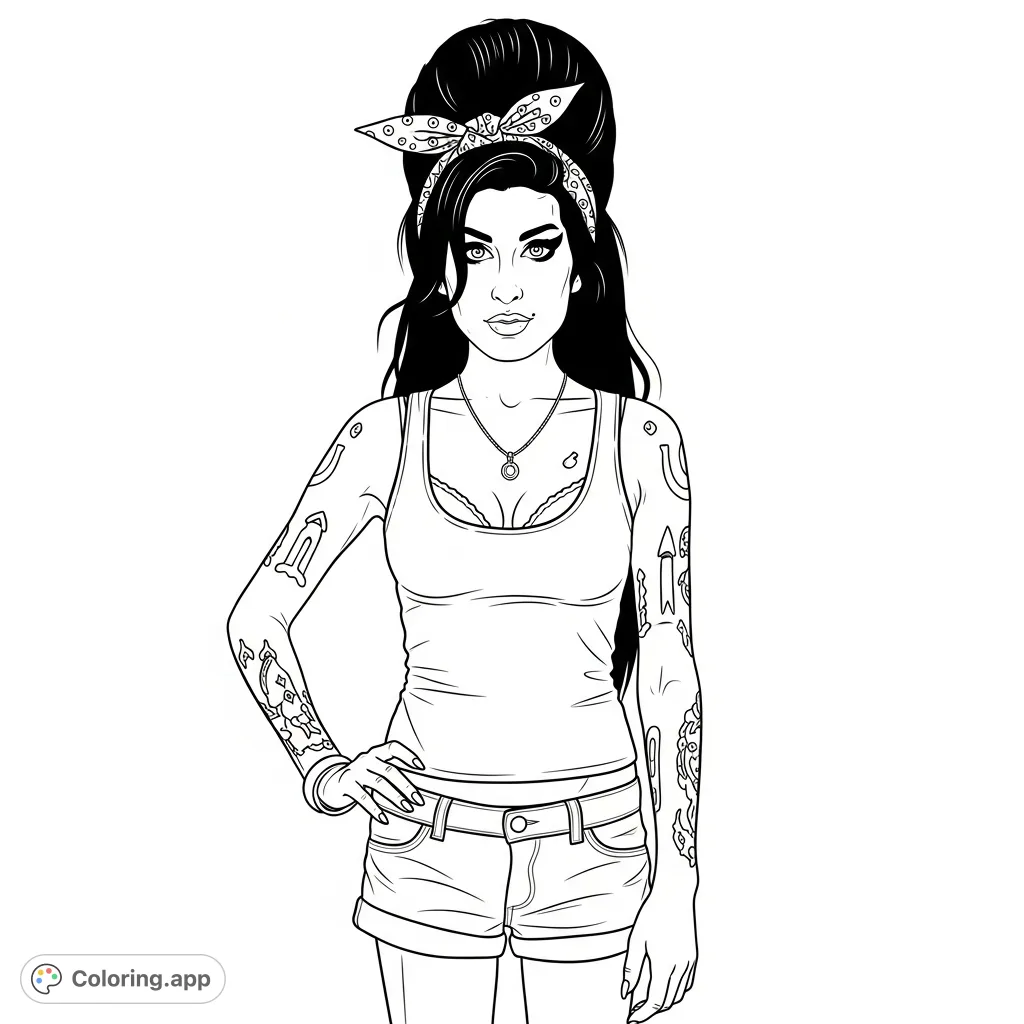 A captivating Amy Winehouse portrait featuring her iconic beehive, cat-eye eyeliner, tank top, shorts, and detailed tattoos. A tribute to her unique style.