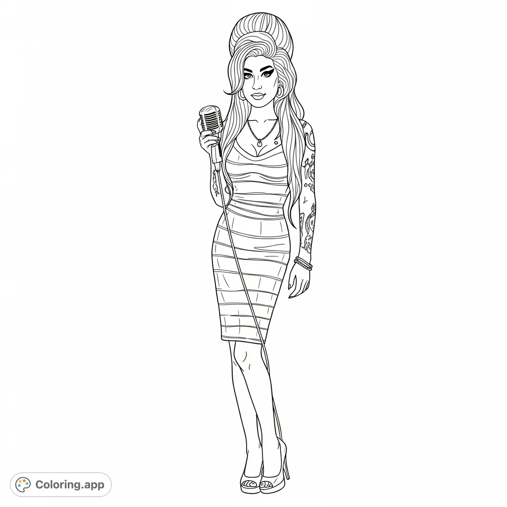 Capture the soulful essence of Amy Winehouse in a stunning full-body portrait, featuring her iconic beehive, cat eye, tattoos, and retro style with a microphone.