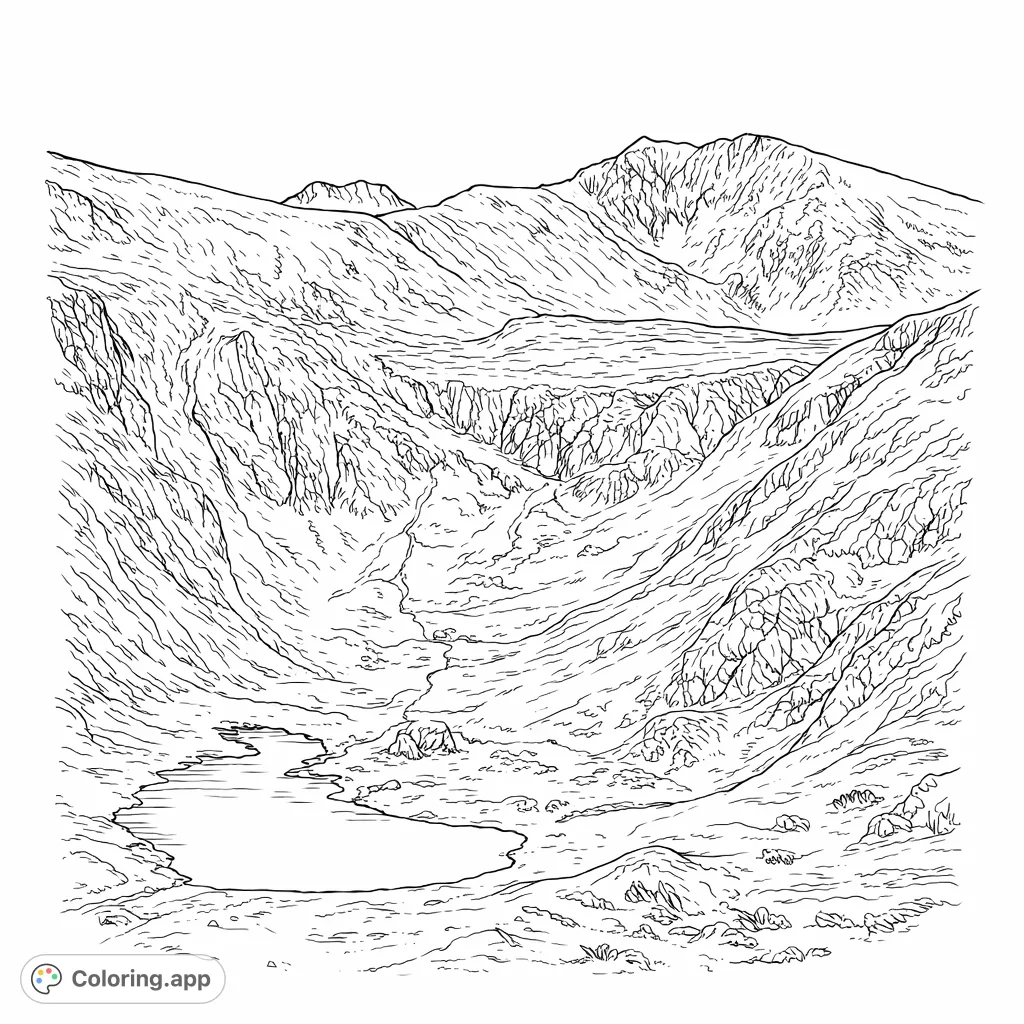Discover a stunning snow-dusted mountain valley with a serene lake. This intricate landscape coloring page offers a tranquil challenge for nature lovers.