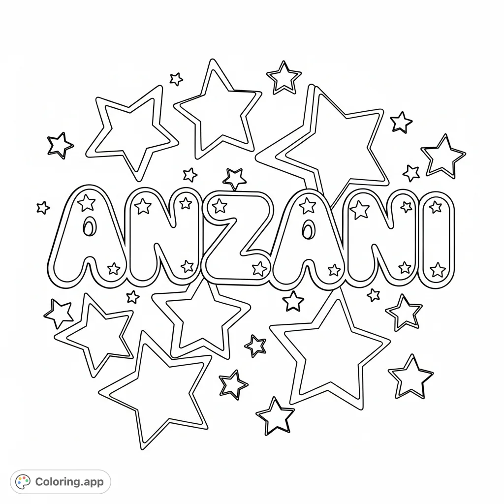 A delightful ANZANI coloring page featuring large, puffy bubble letters surrounded by numerous whimsical stars. Perfect for personalization and creative fun.