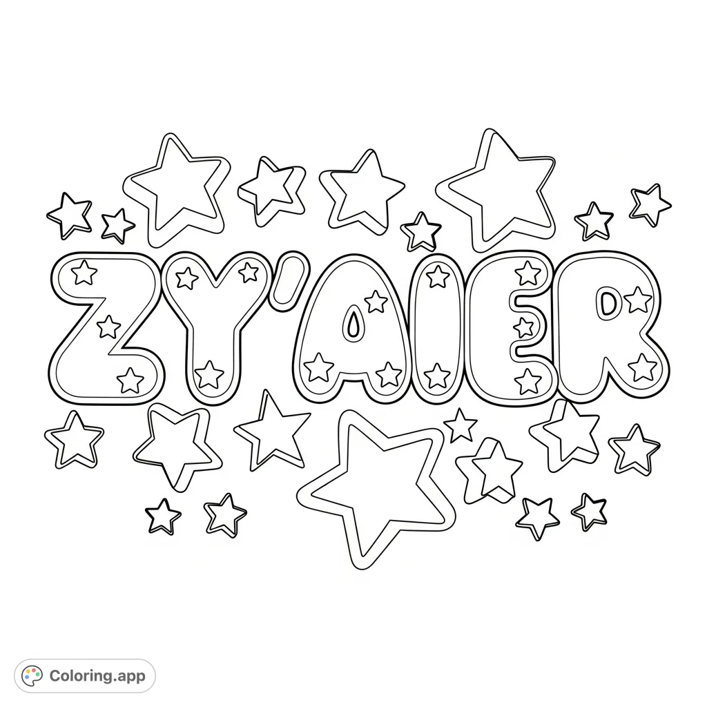 A personalized ZY'AIER coloring page with large, puffy bubble letters encircled by numerous whimsical stars, perfect for a fun, creative coloring experience.