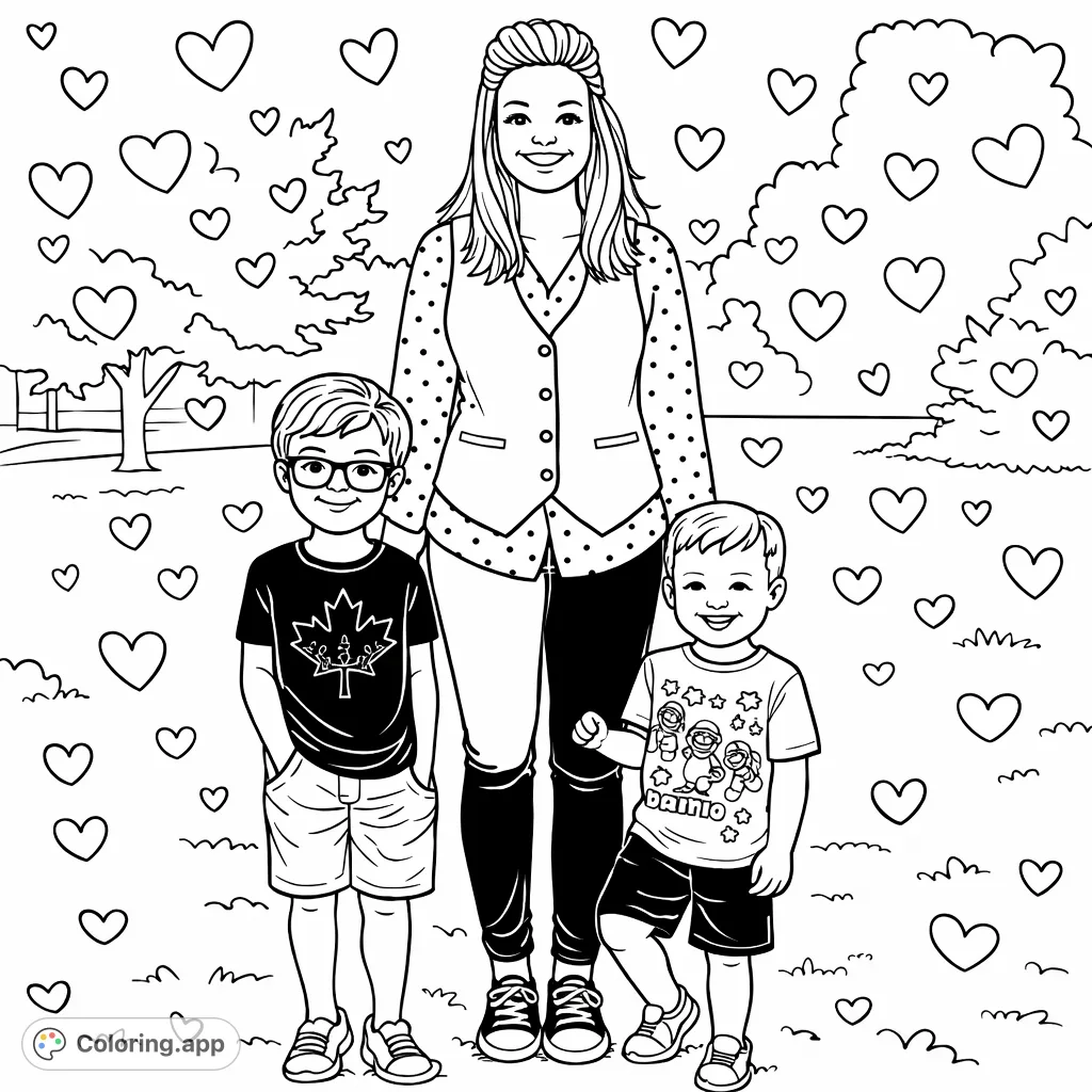 Capture the warmth of family with this charming outdoor portrait. Features a smiling adult and two boys, set in a lovely natural landscape with added heart patterns.