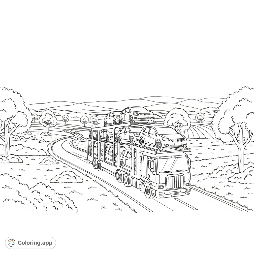 A detailed car carrier truck transports multiple vehicles along a scenic rural road, perfect for vehicle enthusiasts and coloring fans.