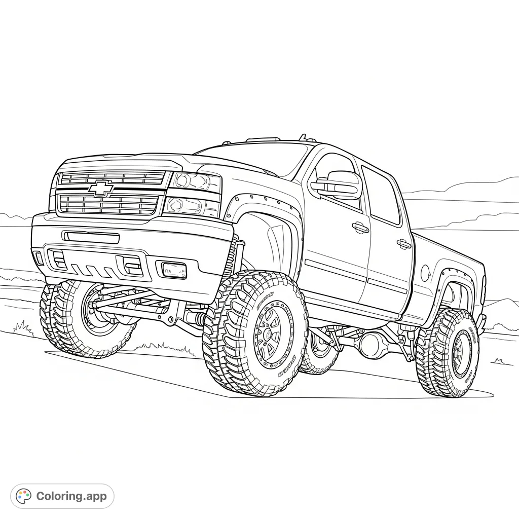 Color a unique Chevy 1500 HD truck with a distinct stance: front lifted high on rugged tires and the back lowered. Perfect for truck enthusiasts.