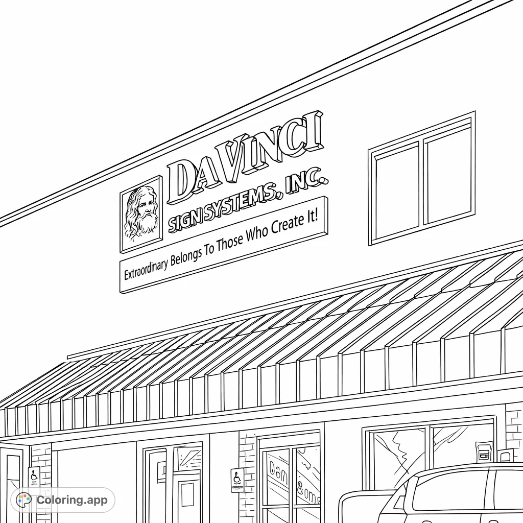 Color a detailed commercial building facade featuring a prominent 'DA VINCI SIGN SYSTEMS' sign, a classical portrait, and an intricate corrugated awning.