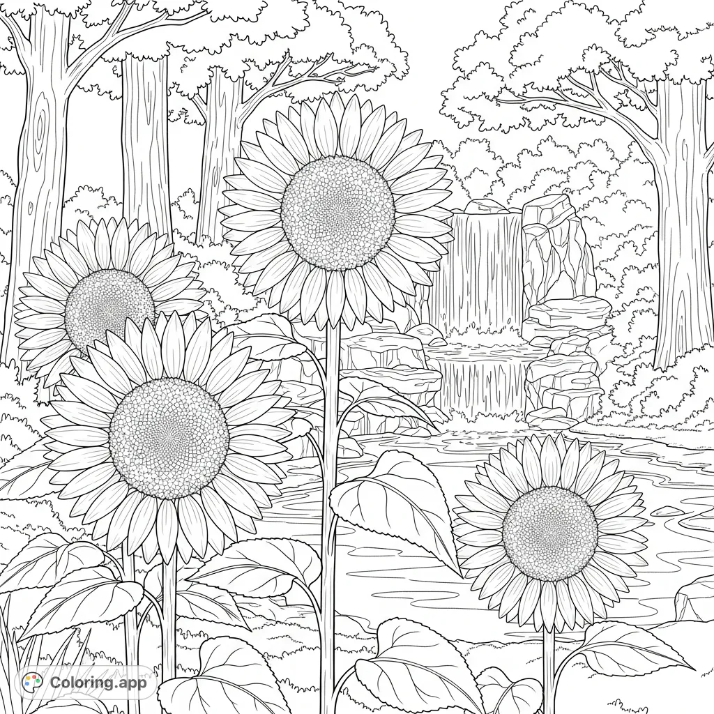 Discover a beautiful nature coloring page featuring three grand sunflowers, a serene waterfall, and lush trees, perfect for relaxation and creativity.