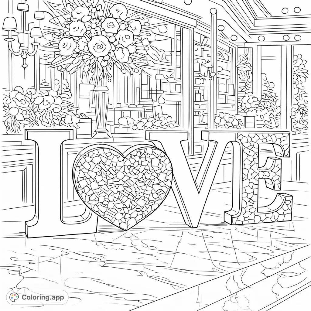 Express your affection with this elegant LOVE coloring page, featuring textured letters and a heart, set in a sophisticated environment.