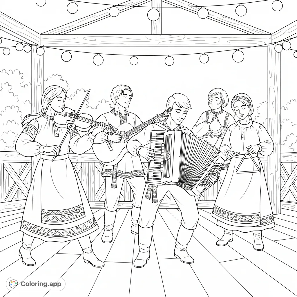 Capture the lively spirit of Cajun music with this free printable coloring page featuring musicians playing traditional instruments in a rustic setting.