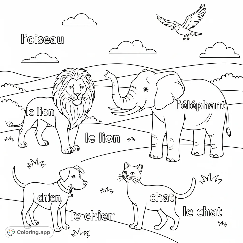 Discover and color a fun French words for animals coloring page! Features various animals with their French names for an engaging learning experience.