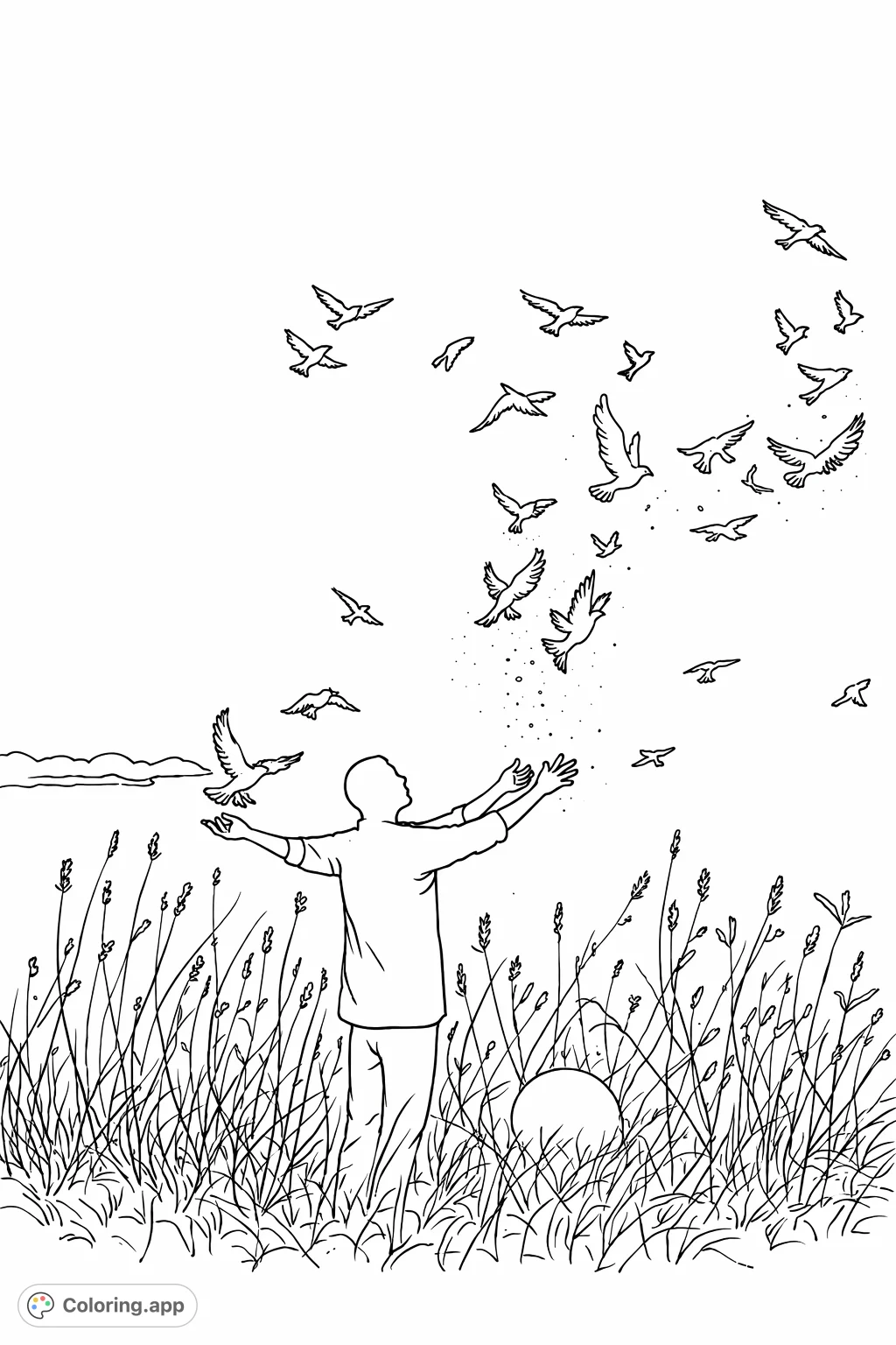 Capture a moment of tranquility and liberation with a figure releasing birds into the sky above a field of tall grass, set against a low sun.