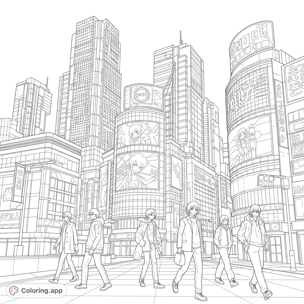 Immerse yourself in a dynamic anime-inspired cyberpunk city, featuring towering screens, intricate Japanese architecture, and stylish characters.