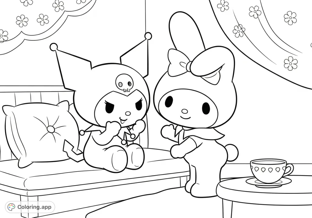 A delightful Sanrio coloring page featuring Kuromi and My Melody relaxing together. Perfect for fans to add their personal touch to these iconic characters.