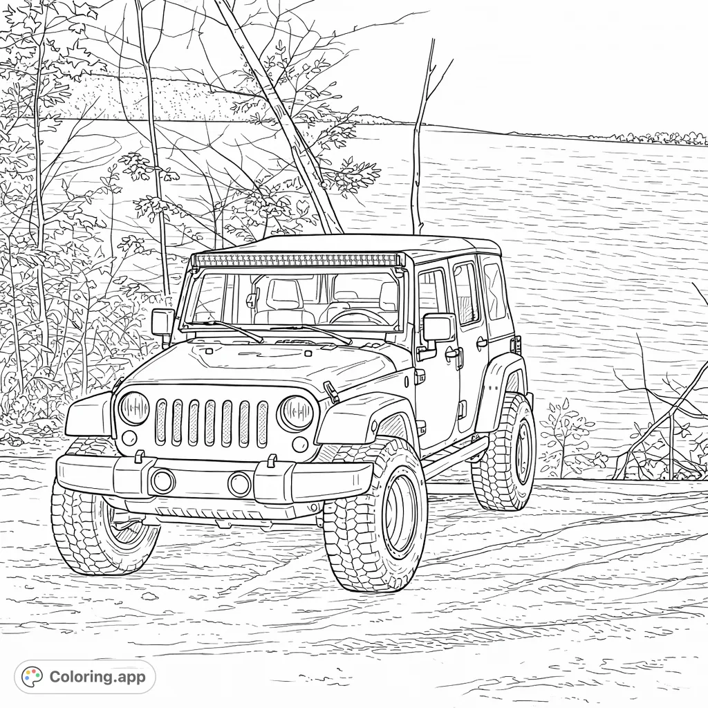 A detailed off-road vehicle parked by a vast lake, surrounded by trees. Perfect for adventure enthusiasts to color and customize.