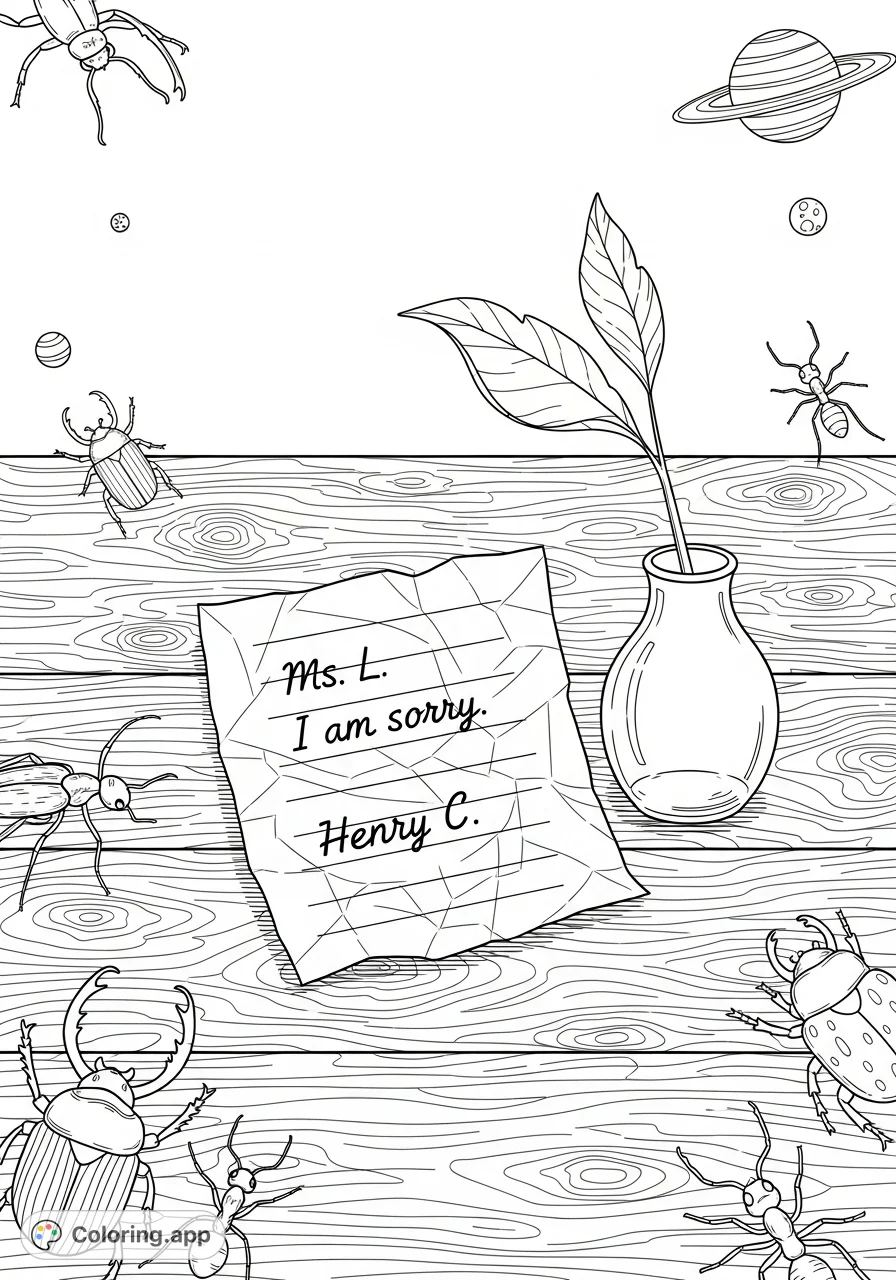 A poignant coloring page featuring a handwritten apology note from Henry C. to Ms. L. on a wooden desk, offering a canvas for reflection and empathy.
