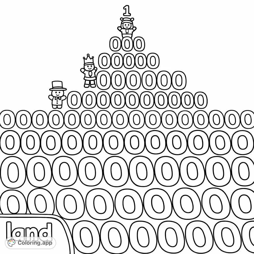 Explore a fun numeric game world featuring a grand number pyramid, playful characters, and repetitive zero patterns. A unique and engaging counting coloring page for all ages.