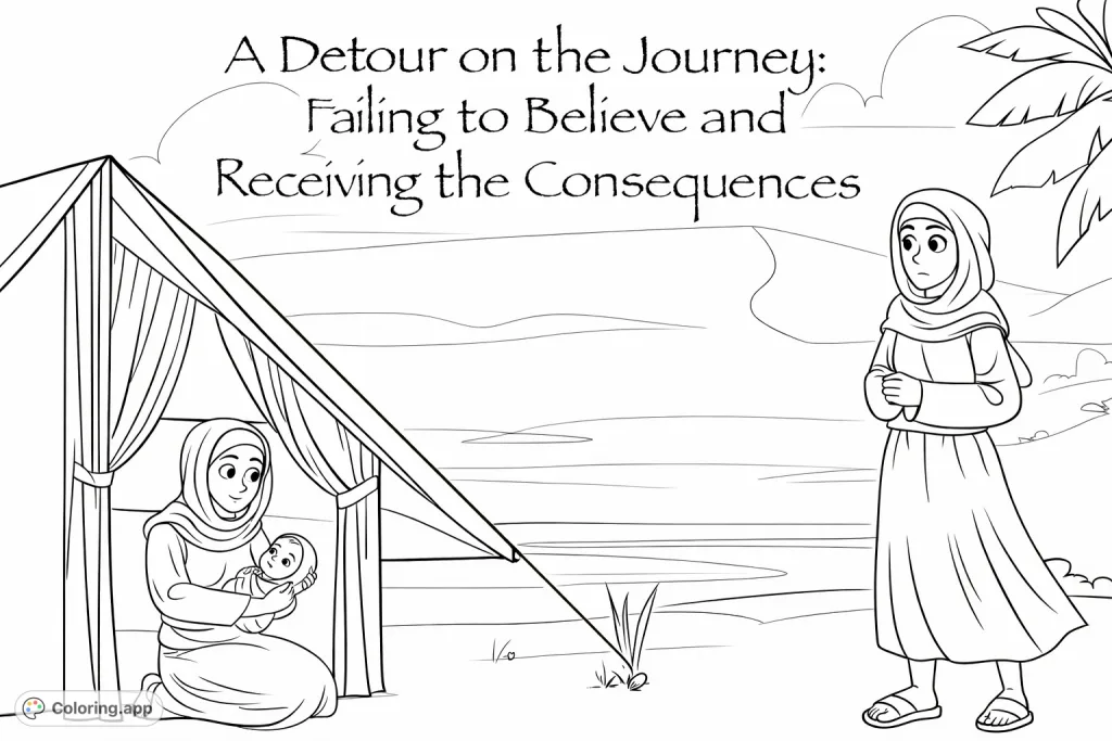 Discover a desert scene featuring two women and a baby by a tent. A serene moment of care, contrasted with a watchful figure in a sweeping landscape.