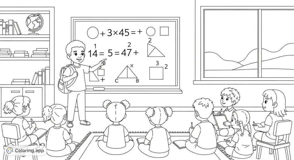 Join Jamal, a friendly Black boy, as he teaches basic math in a lively classroom. This engaging coloring page helps kids learn and explore numbers creatively.