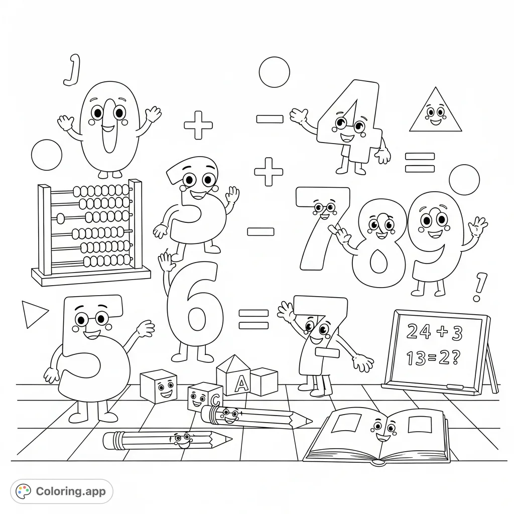 Engage young minds with a playful math coloring page featuring friendly numbers, basic equations, and schoolroom elements. Perfect for early learning!