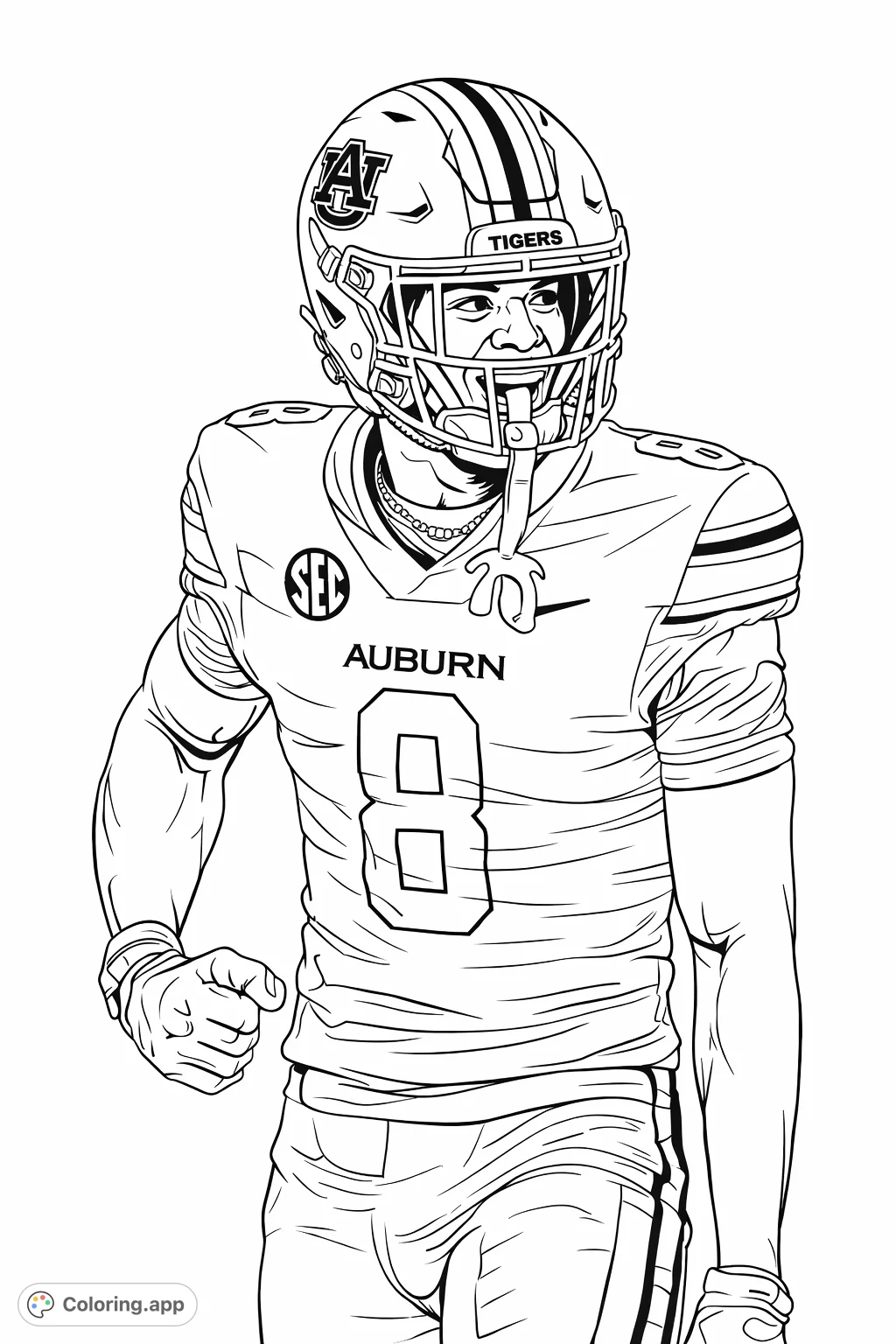 Capture the excitement of game day with this dynamic football player coloring page. Features a player in helmet and jersey, number 8, ready for action!