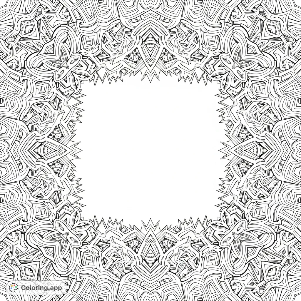 An intricate, abstract surround features prickly elements and layered, mandala-like patterns, perfect for focused coloring and creative expression.