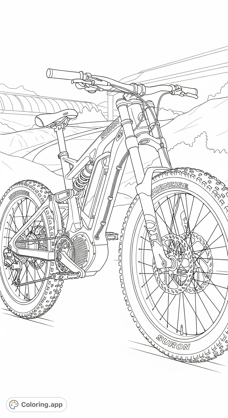 A detailed Surron e-bike coloring page, showcasing extreme modifications, robust suspension, and aggressive tires for an electrifying off-road experience.