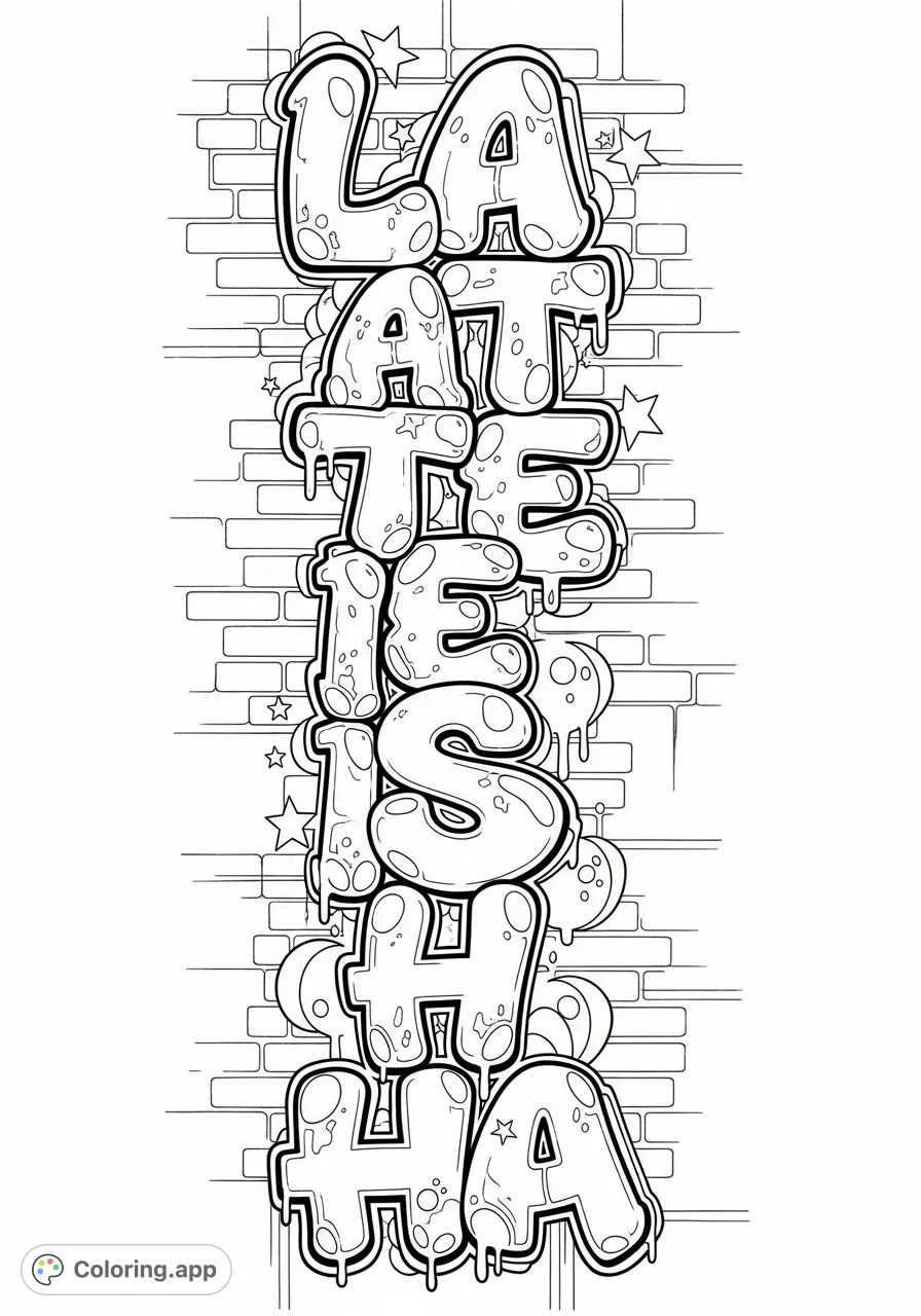 A dynamic Lateisha graffiti-style coloring page featuring bold bubble lettering with intricate details and a textured urban brick wall background. Unleash your street art creativity!