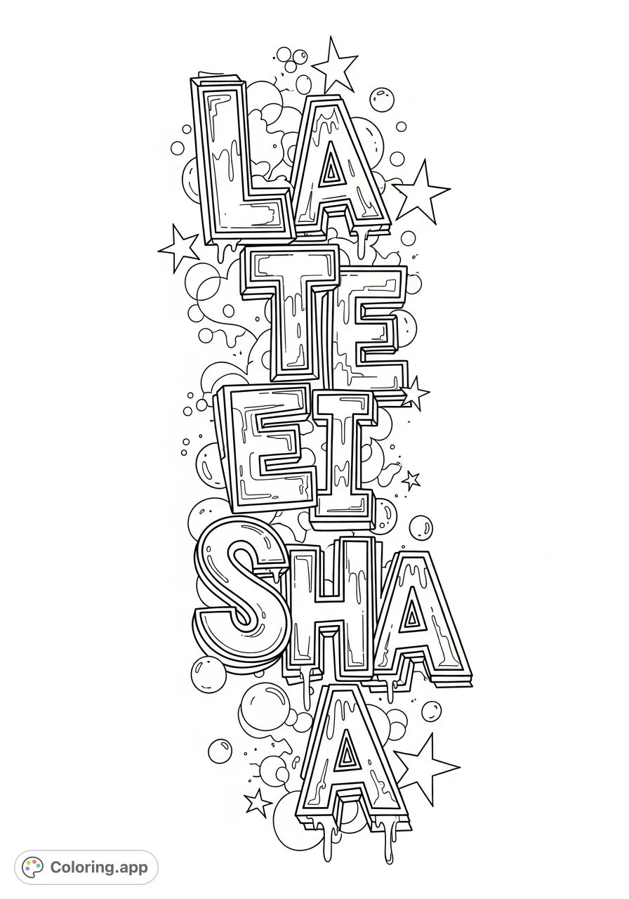 A dynamic graffiti art coloring page featuring the name LATEISHA written vertically. Bold letters with intricate outlines and urban patterns await your creative touch.