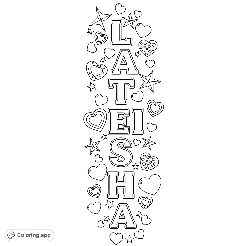 A personalized Lateisha coloring page, featuring the name arranged vertically, adorned with charming hearts and sparkling stars for a delightful and customizable creative experience.