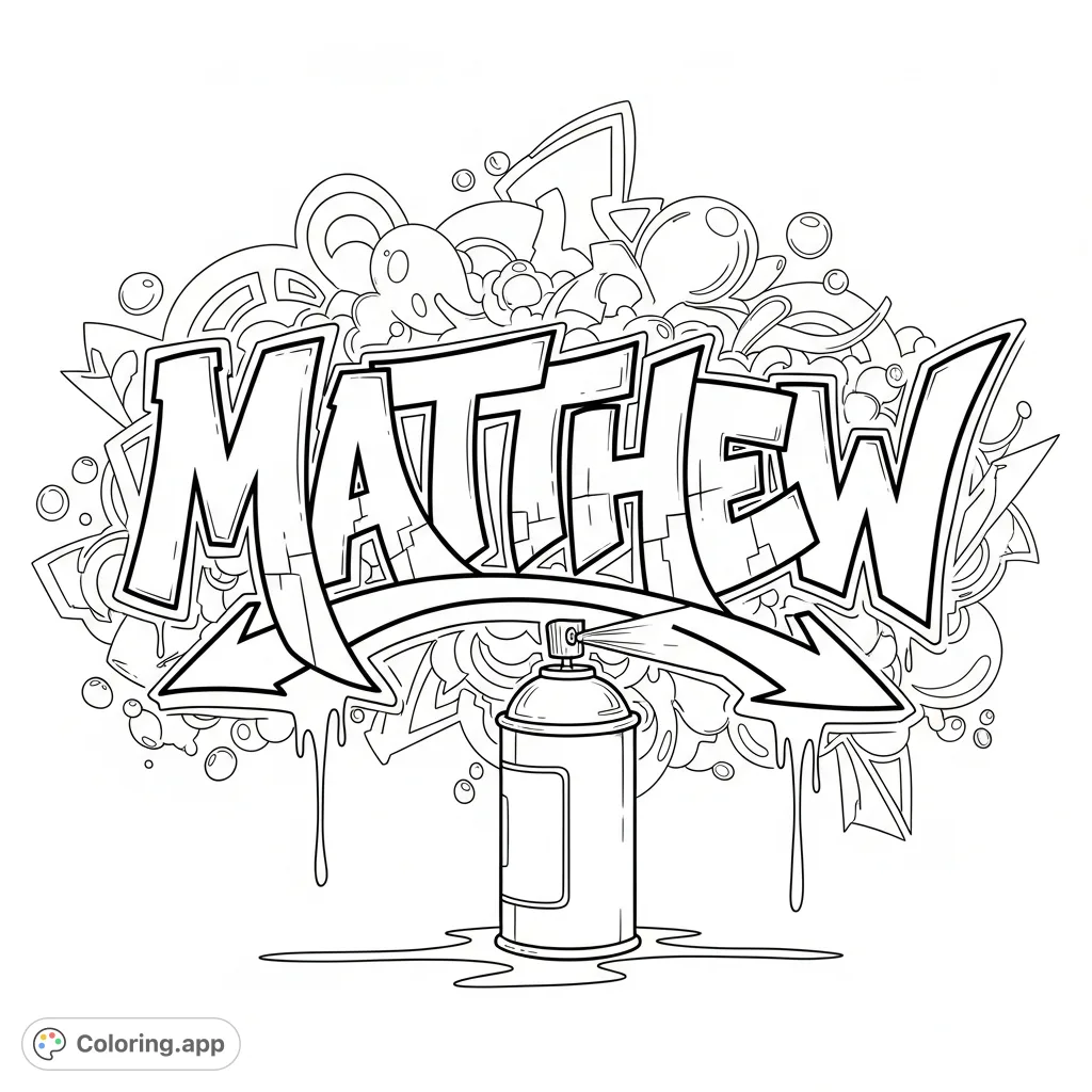 Matthew, rendered in dynamic graffiti writing, accompanied by a detailed spray can and vibrant street art patterns, creating an exciting urban scene.