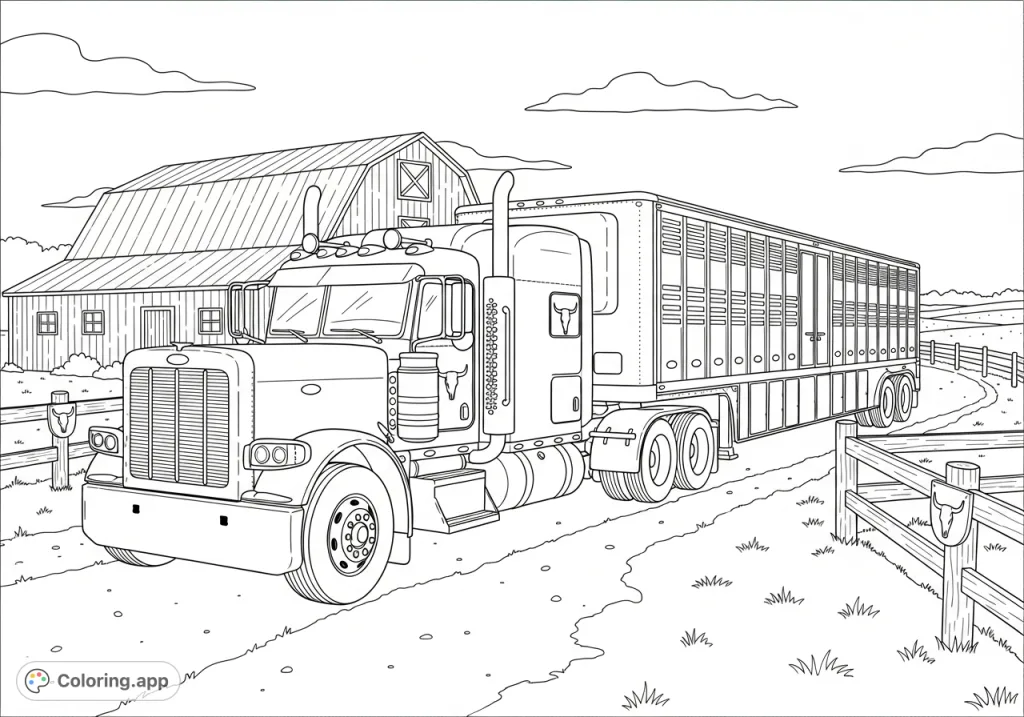 Color a powerful Peterbilt semi-truck and its multi-level cattle pot trailer at a rustic farm. Features a barn, dirt path, and open fields.