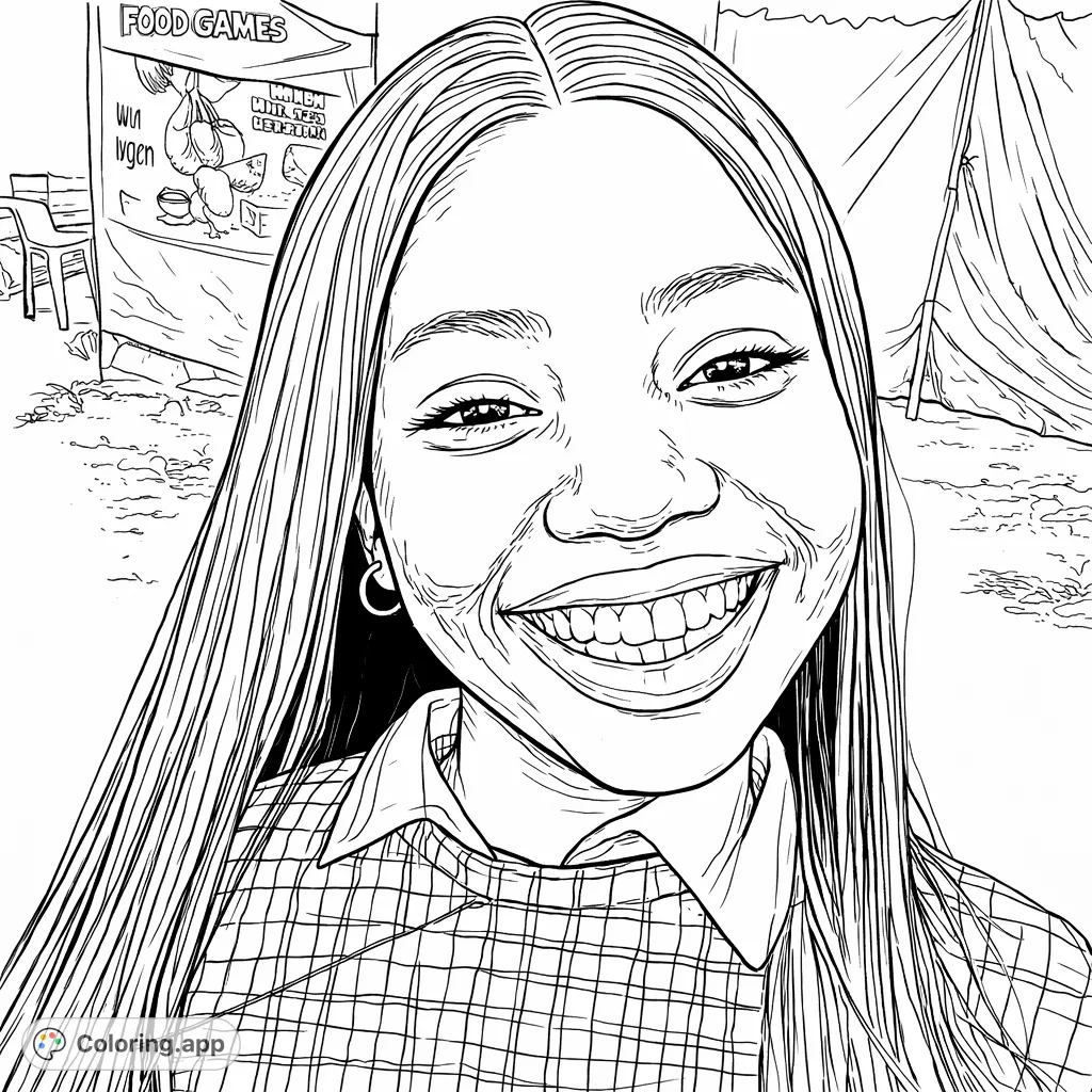 Capture a radiant smile! This coloring page features a happy young woman with long hair and a patterned top, set against an urban backdrop for creative expression.