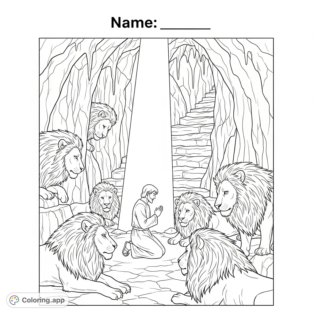 Discover a powerful Daniel in the Lions' Den coloring page. Serene Daniel kneels among calm lions as a light ray illuminates the cavern.