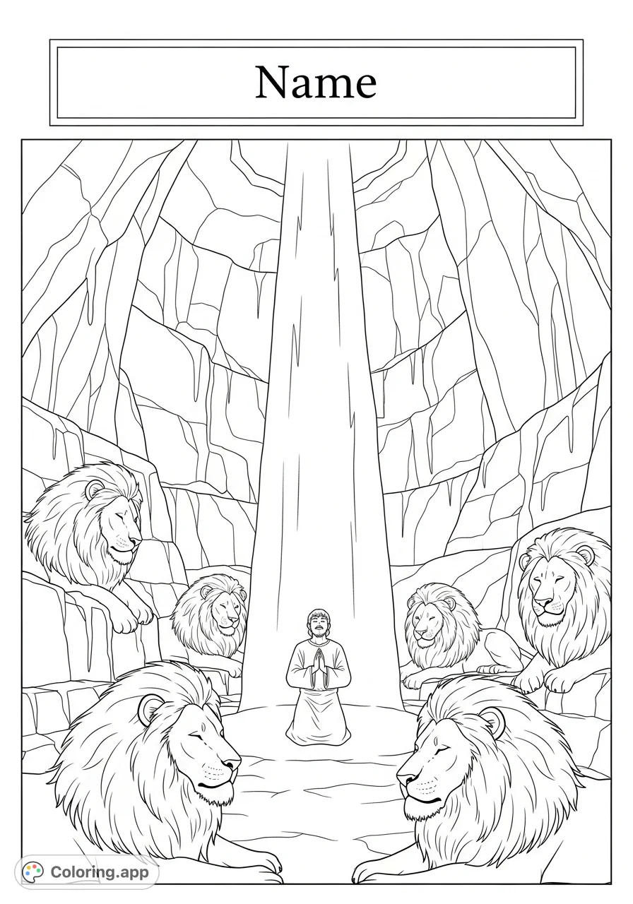 An inspiring Daniel in the Lions' Den coloring page, depicting Daniel in prayer surrounded by calm lions. Features rugged cave walls and a peaceful atmosphere.