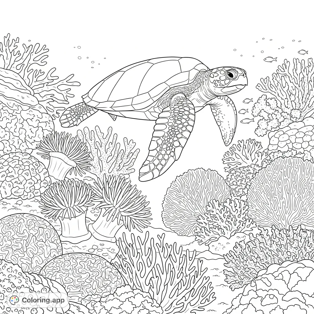A serene underwater scene featuring a majestic turtle swimming gracefully through a detailed coral reef, surrounded by delicate anemones and various coral formations.