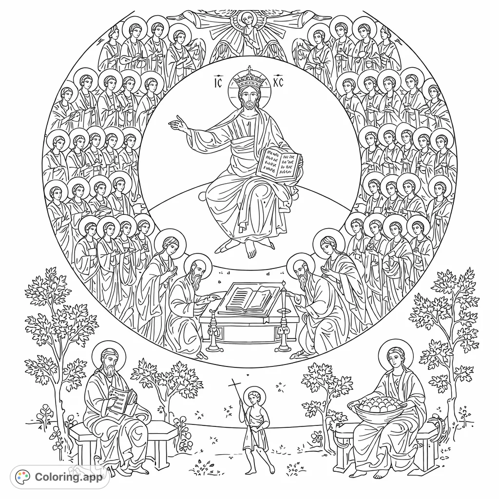 Discover a detailed celestial gathering featuring a central crowned figure, angels, saints, and narrative scenes. A spiritual journey for peaceful coloring.
