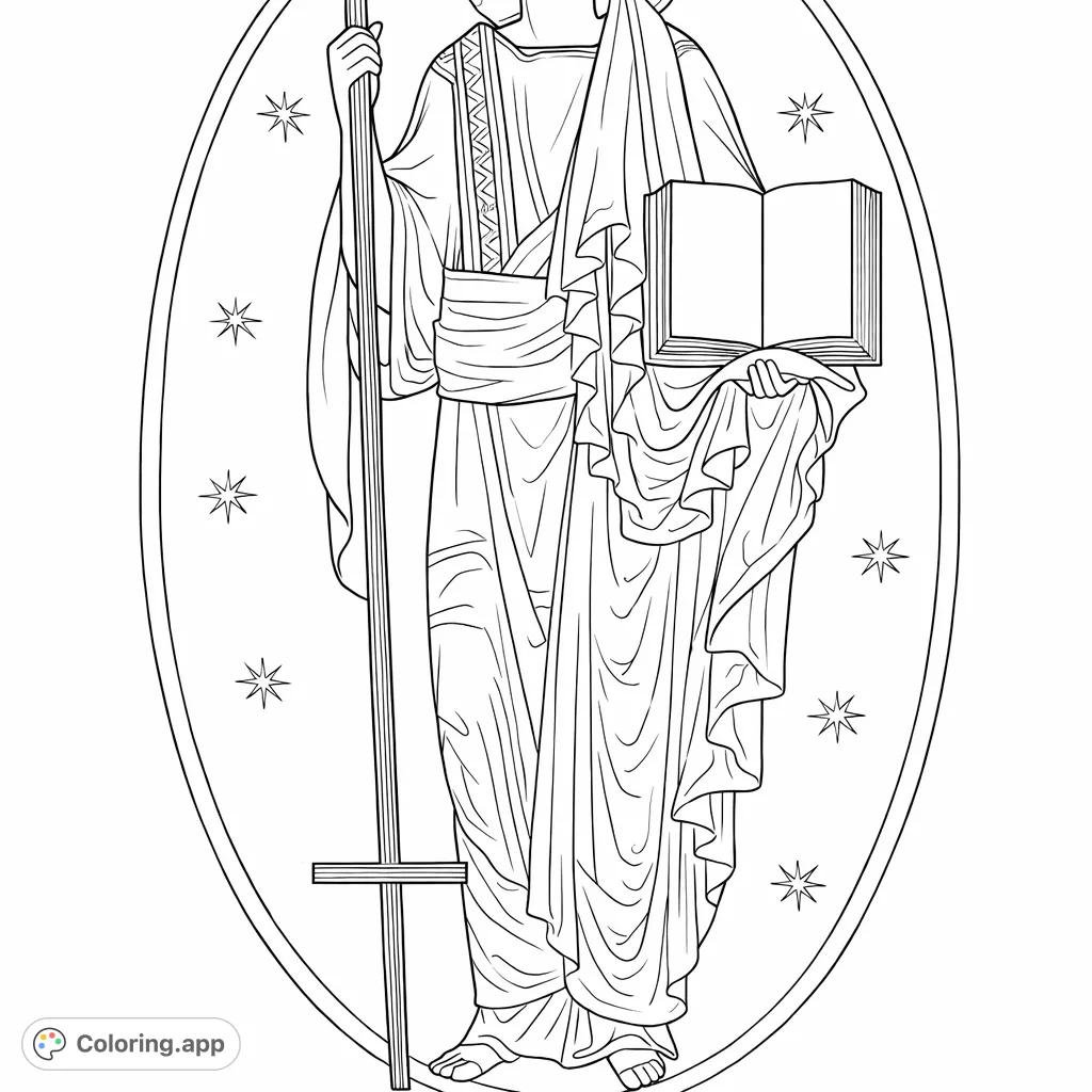 A majestic religious figure in flowing robes, holding a staff and an open book, framed by an oval. A serene and contemplative scene for coloring.