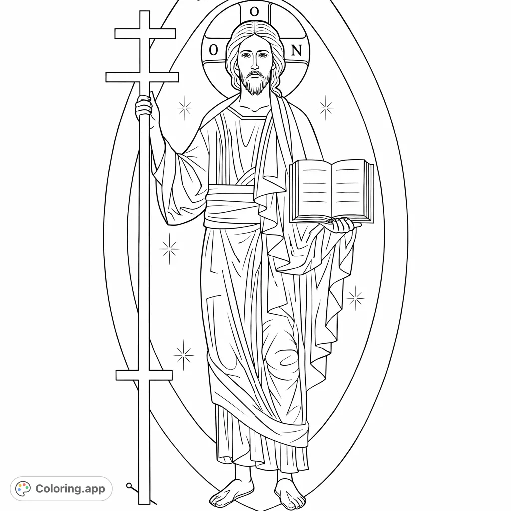 A reverent sacred figure in flowing robes, holding a staff and open book, set against an ornate, symbolic background. Perfect for meditative coloring.