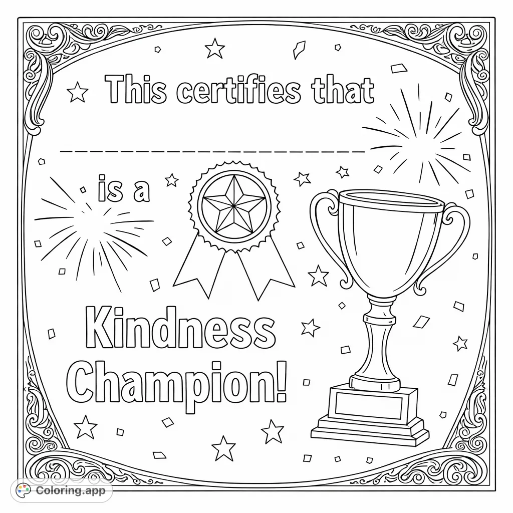 Celebrate kindness with this inspiring certificate coloring page! Featuring a grand trophy, award ribbon, and customizable space for a name. Perfect for recognizing good deeds.