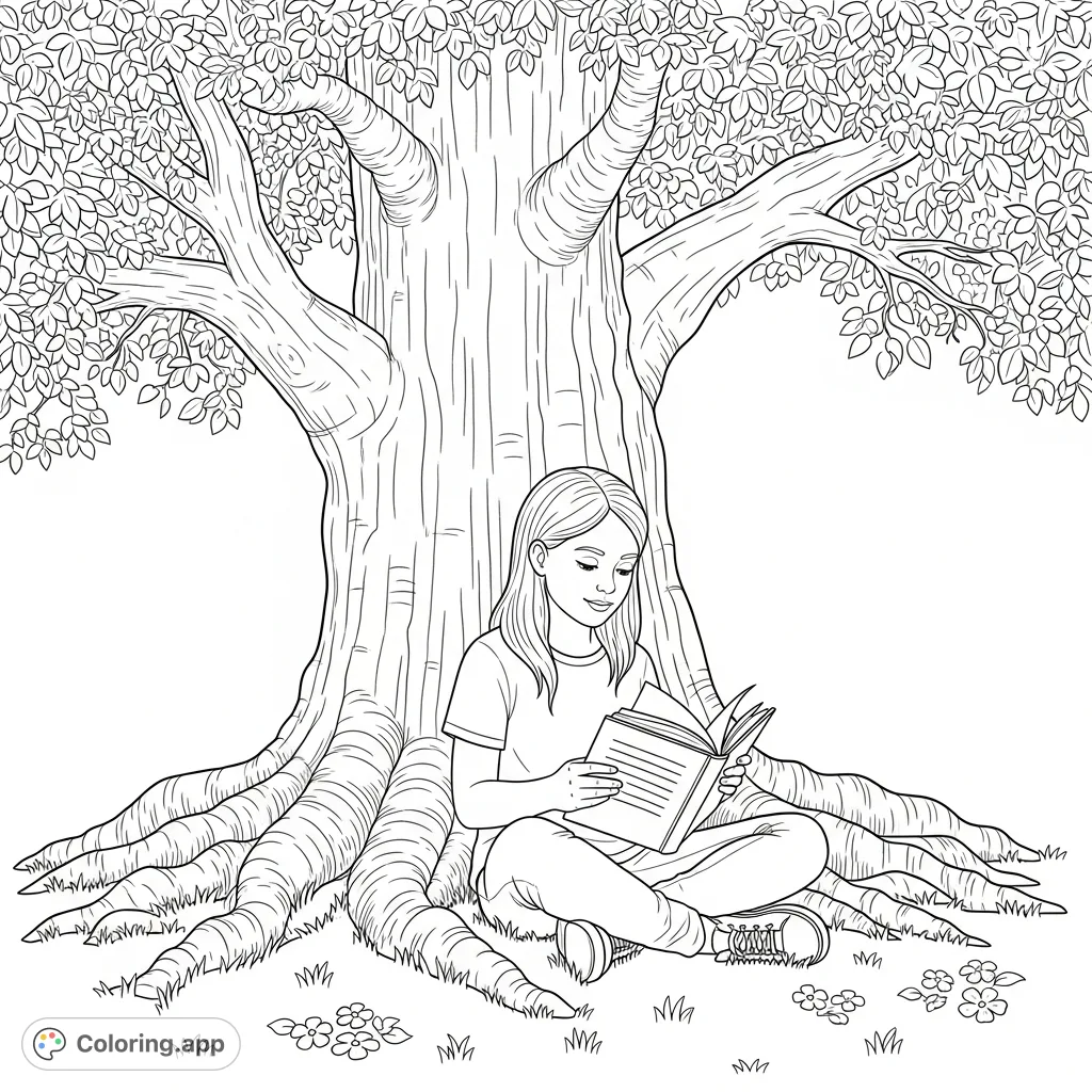 A serene 12-year-old girl is engrossed in a book, nestled comfortably by a majestic tree. A peaceful scene, perfect for imaginative colorists seeking calm.