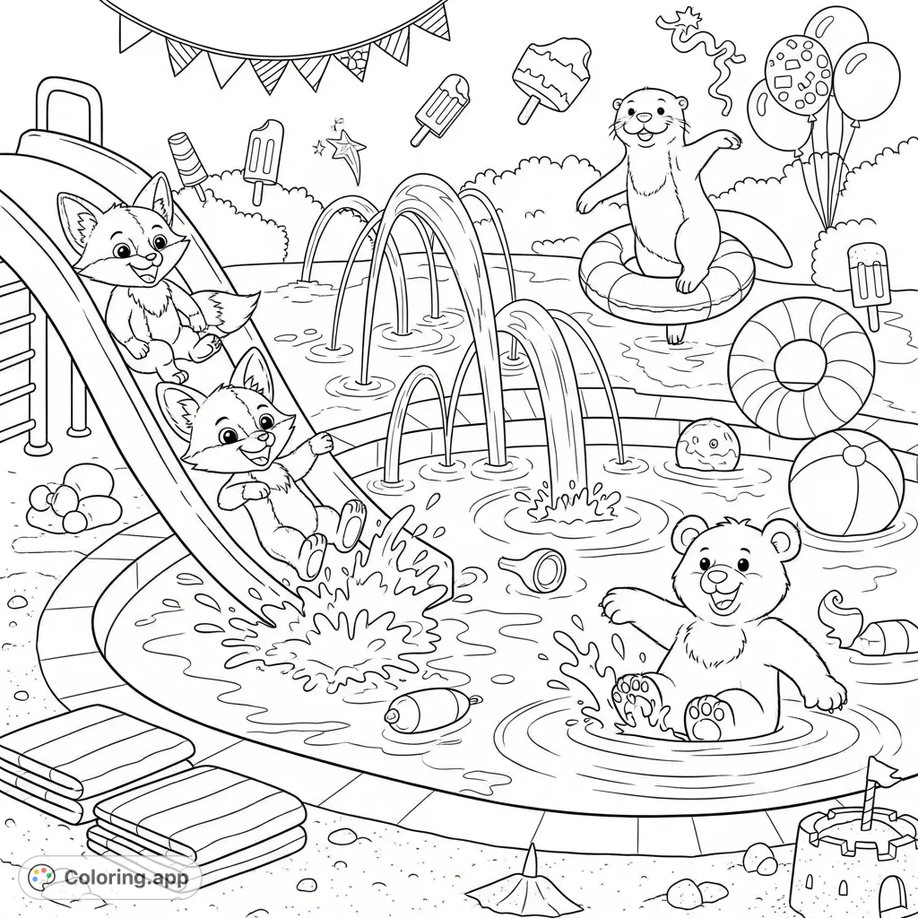 A delightful splash park scene where a fox kit slides, an otter floats, and a bear cub splashes, surrounded by water jets and sandy shores. Perfect for playful coloring fun!